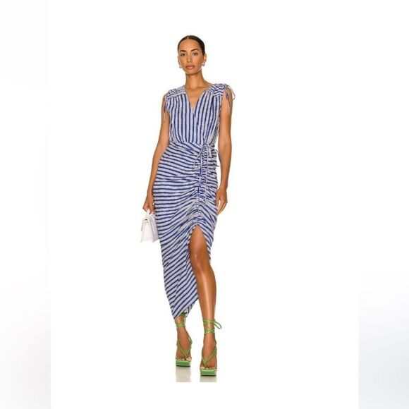 NWT VERONICA BEARD $ 498 Teagan Ruched Midi-Dress Linen blend Striped - Picture 1 of 6